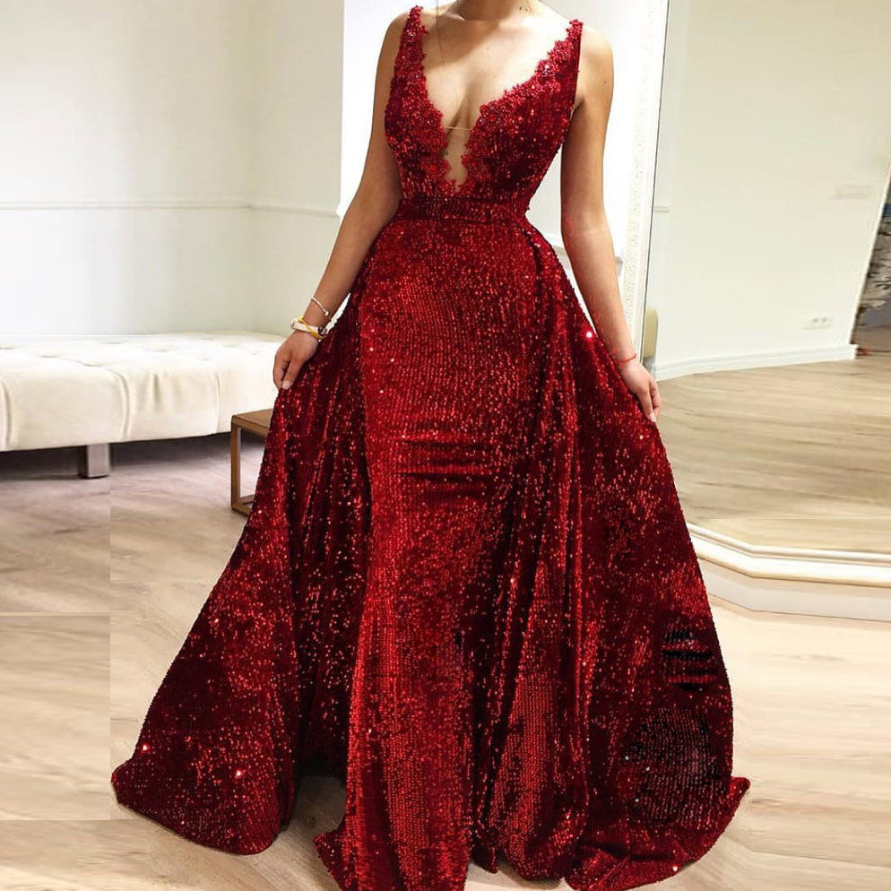 

Sexy Sparkly Sequined Prom Dresses Deep V-Neck Appliques Sleeveless Mermaid Party Dress Glamorous Stylish Saudi Evening Dress With Overskirt, Hunter