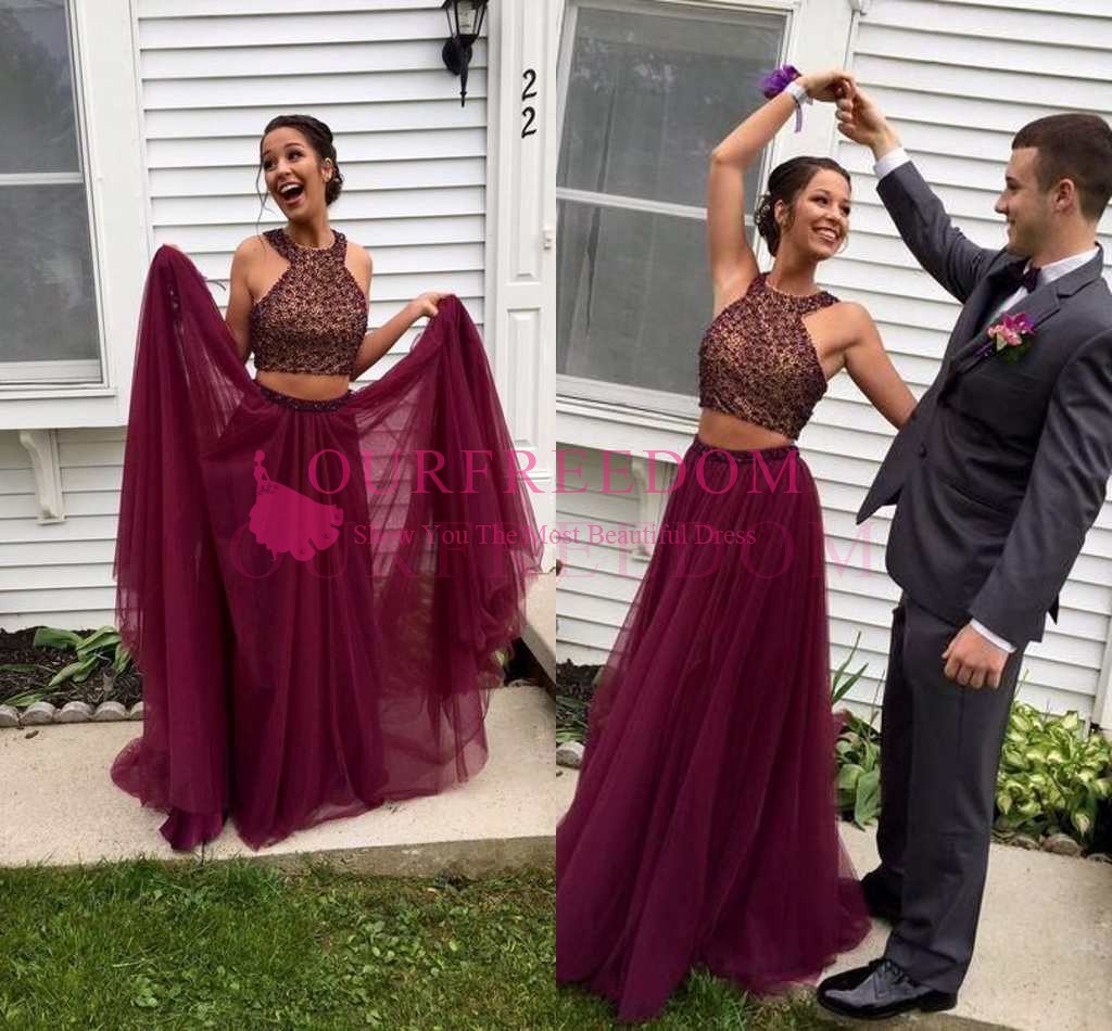

2019 Burgundy Two Piece Prom Dresses Halter Beaded Crystal A Line Tulle Floor Length Sweet 16 Homecoming Dresses Formal Evening Dresses, Lilac