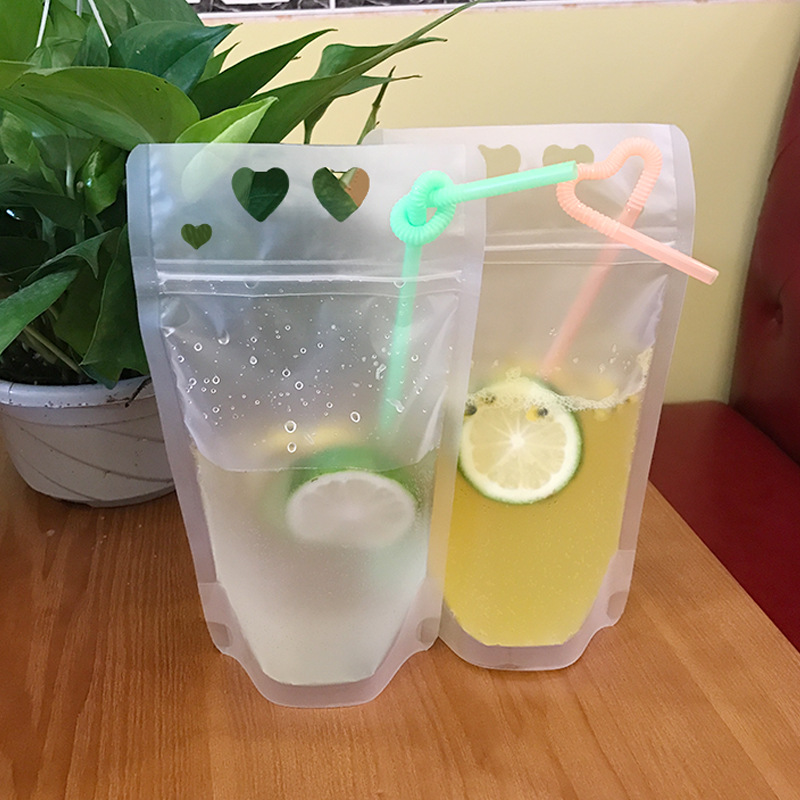 

17oz  Plastic Frosted Drink Packaging Bag Pouch for Beverage Juice Milk Coffee with Handle and Holes for Straw