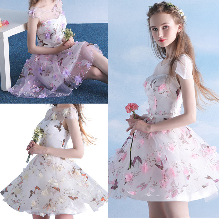 Coloré 3D Fleur Robes De Bal Courte Papillon Imprimé Cap Manches Col Transparent Filles Mini Robe De Soirée De Retrouvailles Pageant Robes