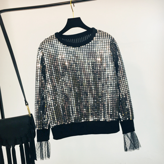 2018 Autumn and Winter New Korean Hoodies and Sweatshirt Heavy Work Sparkling Sequins Loose Streetwear Sweatshirt Women