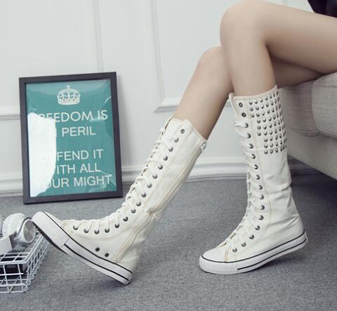

Size 35-42 Chic Women Canvas Mid Calf Boots Flat Sneaker Shoes Pump Studs Rinestone, White