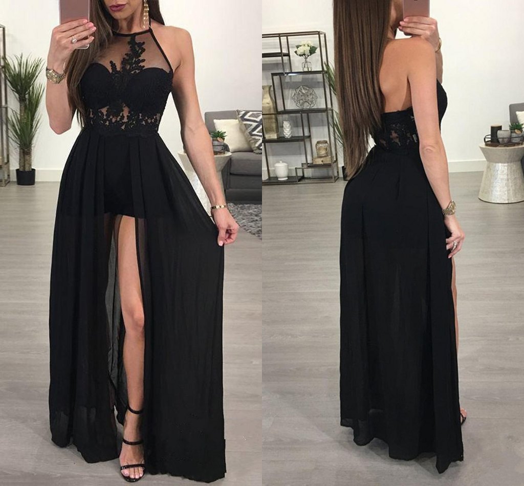 

Sexy Black Split Prom Dresses See Through Halter Evening Party Gowns Lace Applique Chiffon Formal Occasion Dress, White