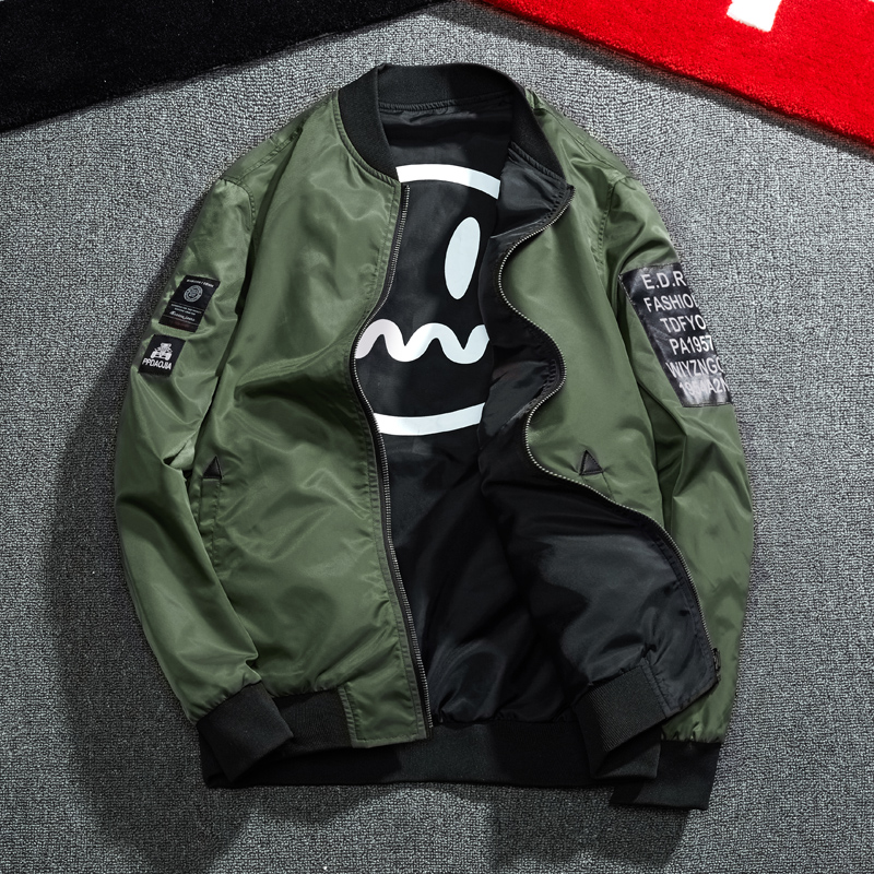 

2018 New Bomber Jacket Men Pilot with Patches Green Both Side Wear Thin Pilot Bomber Jacket Men Wind Breaker 4XL, Black