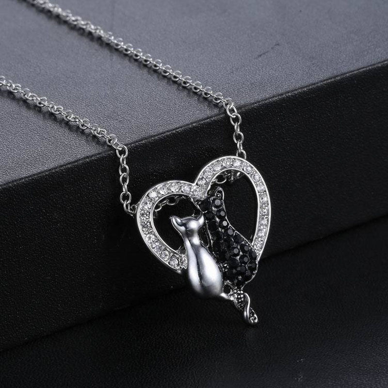 

Diamond Crystal Couple Cat Heart Necklace Silver Cat Pendant Chain Fashion Necklace Women Jewelry Gift Drop Shipping
