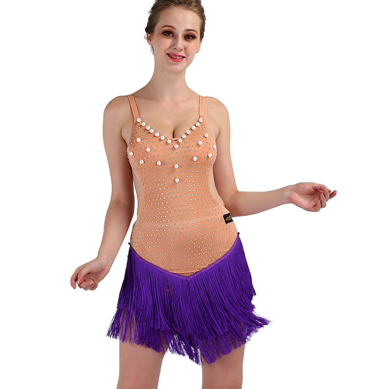 

Customized Latin Dance Dress Latin Competition Dresses Flapper D0463 with Tassel Hem Bulk Rhinestones Beads Elastic Strip Shoulder, Purple