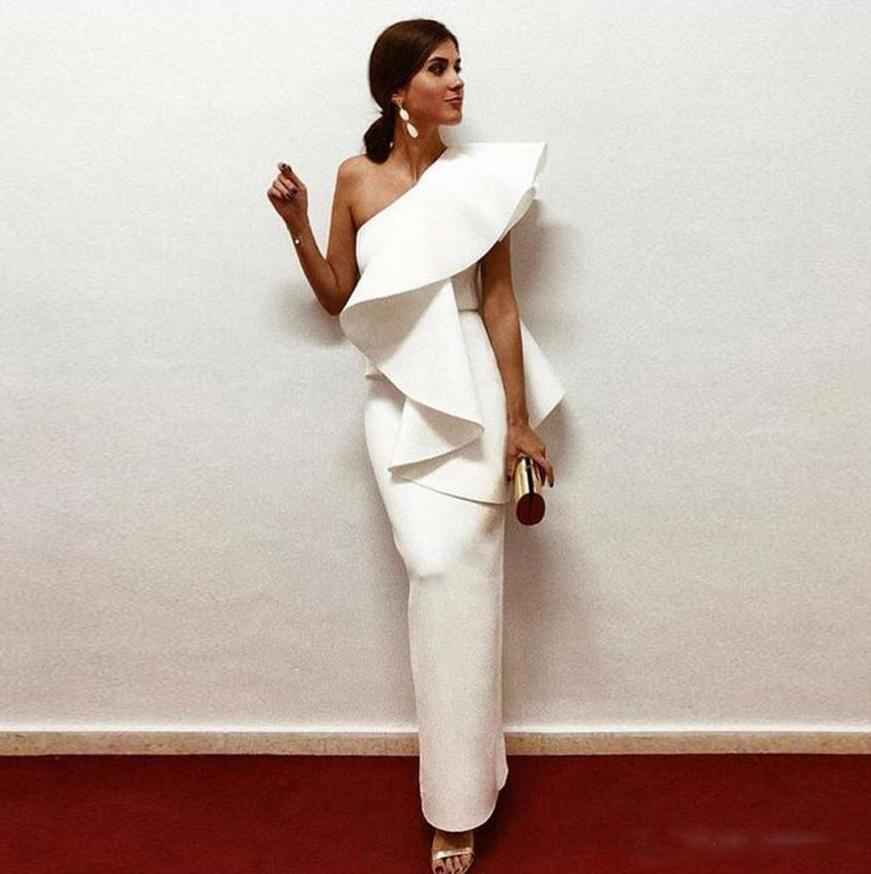 Satin Evening Dresses 2019 One Shoulder Ruffle Sheath Formal Party Gowns Floor Length Zipper Up Back Saudi Arabic Prom Dresses