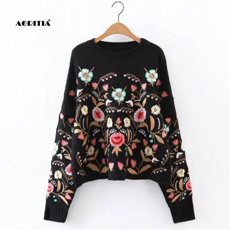 2018 Autumn Winter Women Sweater Fashion Floral Embroidery Pullover Streetwear Sweaters D1892001