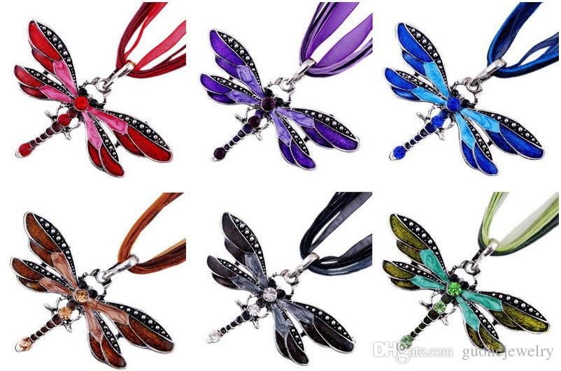 

Vintage Dragonfly Crystal Pendant Necklace Lace String Bronze Retro Necklace Many Colors Women Fashion Statement Jewelry, Silver