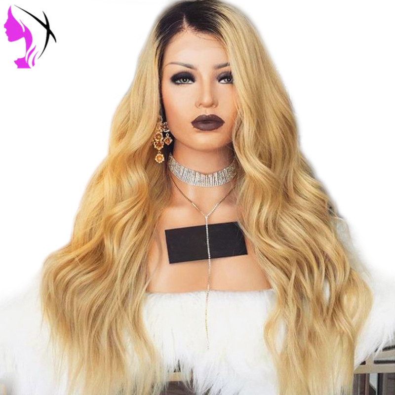 

Ombre 1B/Blonde Wig Long Body Wave Heat Resistant Fiber Glueless Synthetic Lace Front Wigs with Dark Roots for Women, Black