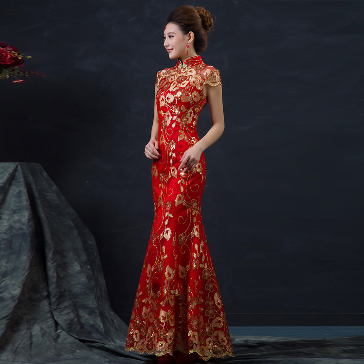 

Red Chinese Wedding Dress Female Long Sleeveless Women Cheongsam Gold Chinese Traditional Dress Lady Qipao Evening Party 8