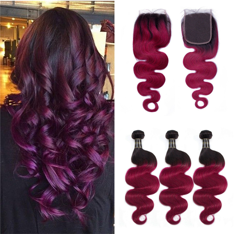 

Color Aubergine Human Hair Weaves With Lace Closure 4*4 Middle Part Two Tone 1B Fuchsia Hair Bundles Ombre Body Wave With Top Closure