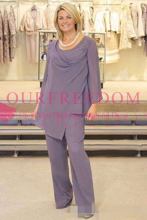 

.Plus Size Lavender Mother Of The Bride Pant Suits Long Sleeve Chiffon Beads Wedding Guest Groom Dress Two Pieces Mothers Outfit Long Garmen