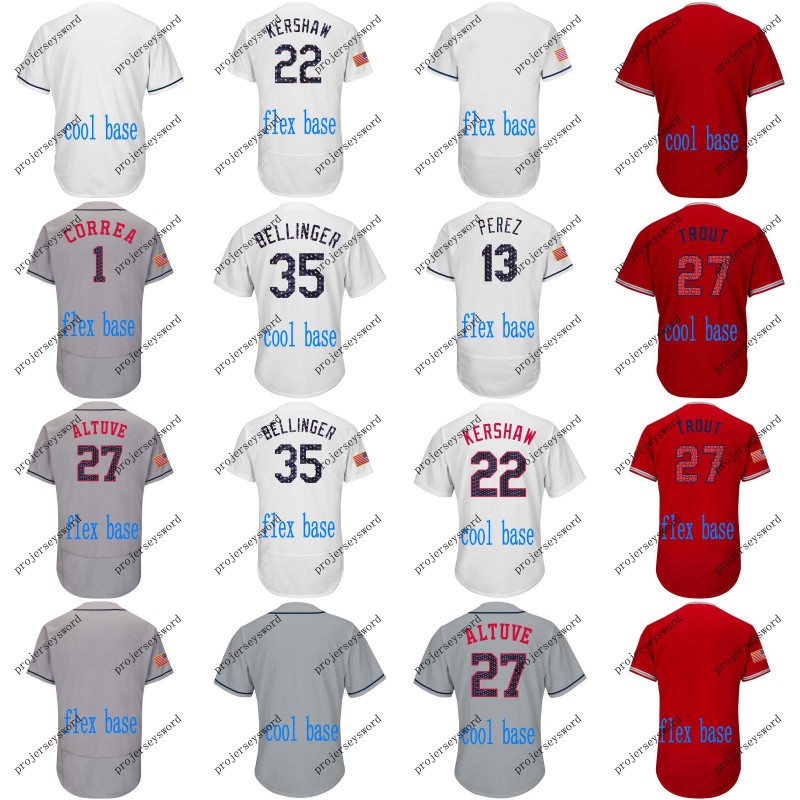2018 Étoiles Stripes Jersey Hommes 1 Carlos Correa 27 José Altuve 13 Salvador Perez 27 Mike Trout 22 Clayton Kershaw 35 Cody Bellinger Chandails