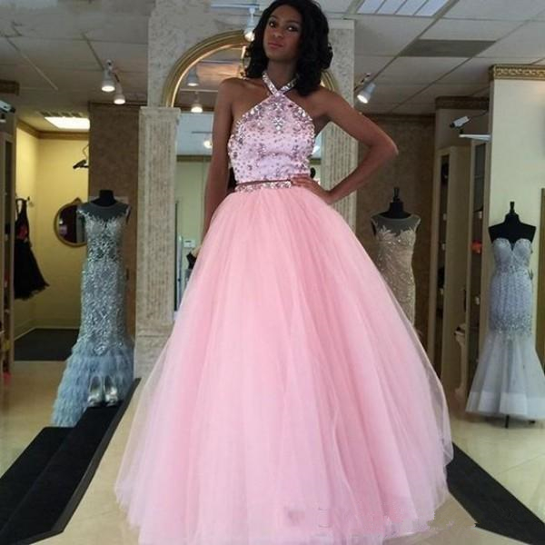 Halter Two Piece Prom Dresses 2019 New Style blush pink Crystal Beaded tulle skirt black girl Formal Party Dresses floor length