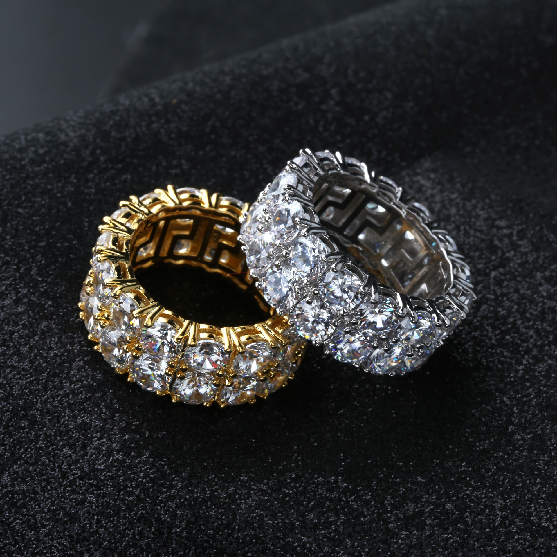

7-12 Gold Silver Color Plated Rings Micro Paved 2 Row Tennis Rings Zircon Hip Hop Finger Ring for Men Women