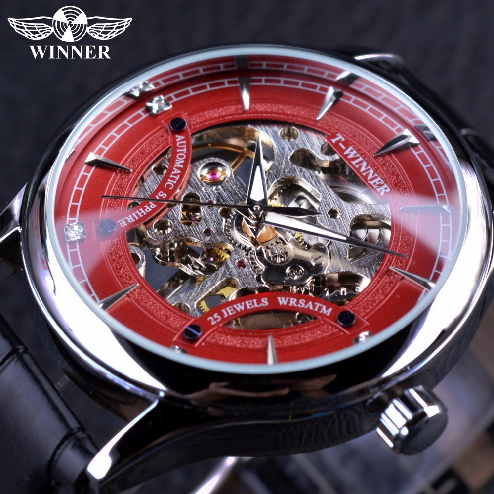 

Winner Red Fashion Stylish Skeleton Diamond Design Mens Watches Top Male Wrist Watch Mechanical Watch Clock, As pic