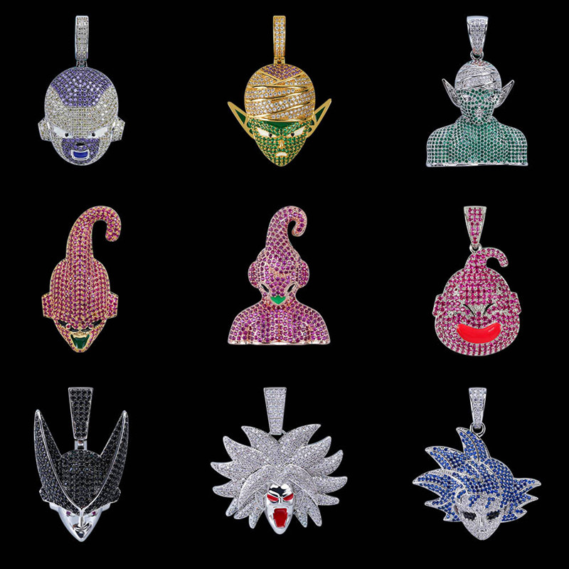 Completo CZ Iced oro PT dibujos animados son Goku Colgante Hip Hop Soga Cadena 24/"
