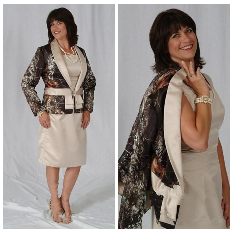 

Two Piece Spaghetti Sheath Camo Satin Mother Of The Bridal Dress Champagne Long Jacket 2018 Cheap Sale Short Mother Formal Wear Party Gown