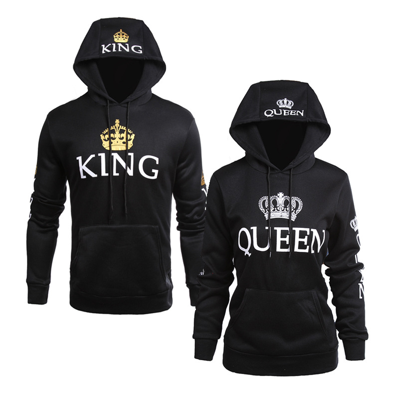 

Wholesale new style men and women casual jacket QUEEN KING printing hooded long-sleeved lovers sweater hoodies, Black