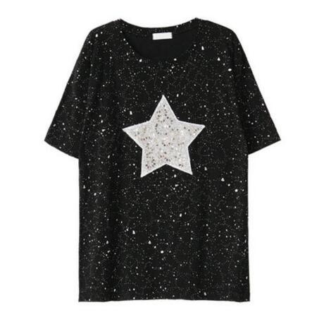 

4XL Plus Size Women T shirt Summer Shiny Star Sequin Design Tops Short Sleeve Loose Casual Cotton Femme Shirts Blusa, Black