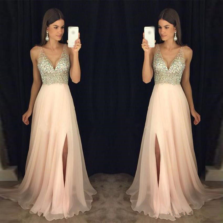 

2018 New Arrival Bling Prom Dresses V Neck Major Beading Crystal A Line Sleeveless Side Split Long Cheap Homecoing Party Dress Evening Gowns, Dark green