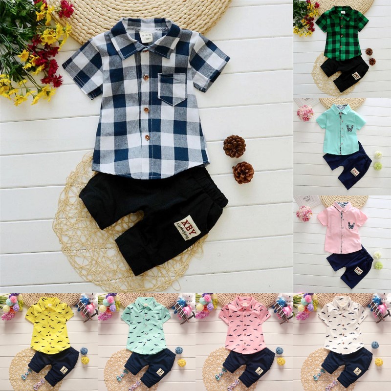 

Kids Lovely beard Lapel Shirt+Pants 2 Pcs Casual Suits Summer Baby Boys Clothes Suits Gentleman Style boys Plaid shirt suit, Multi-color