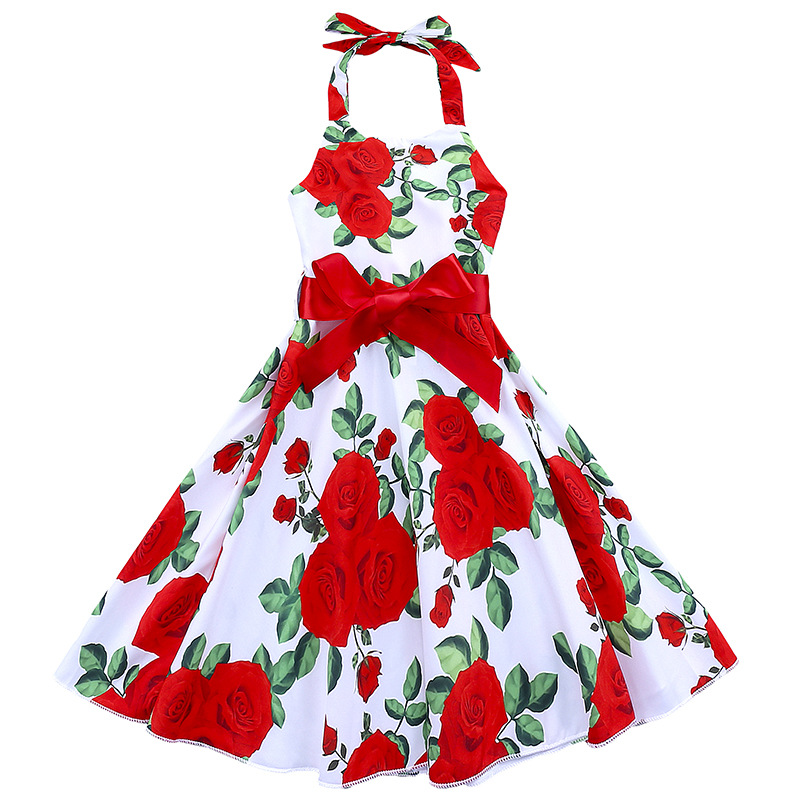2020 1 7T Girls Red Flower Halterneck Dress Children Halt Top Floral ...