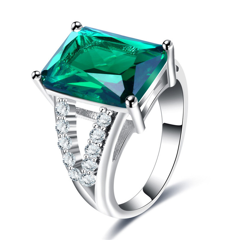 

NEW 2 Pcs/Lot Wholesale Holiday Jewelry Gift rectangle Green Quartz Gems 925 Sterling Silver Cubic Zirconia For Women Ring