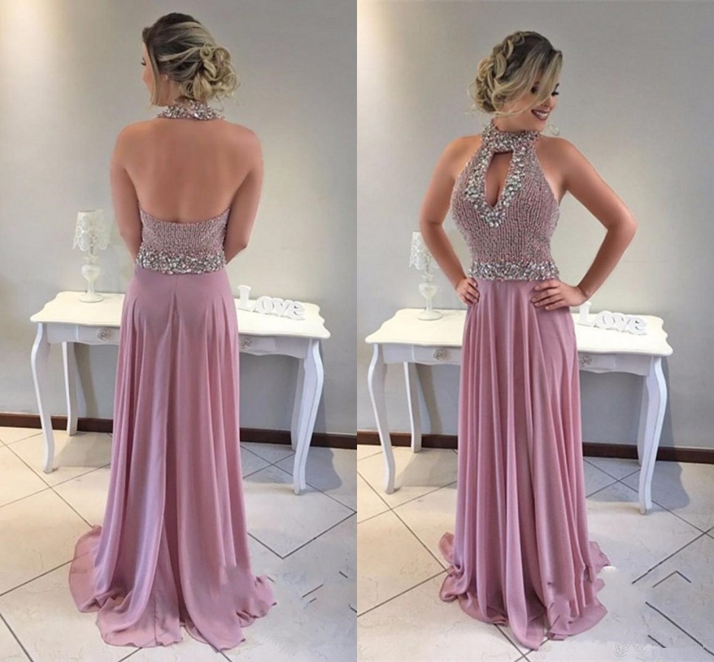 

2018 New Sexy Prom Dresses High Neck Keyhole Chiffon Beading Crystal Open Back Long Plus Size Formal Party Dress Vestido Evening Gowns Wear, Hunter