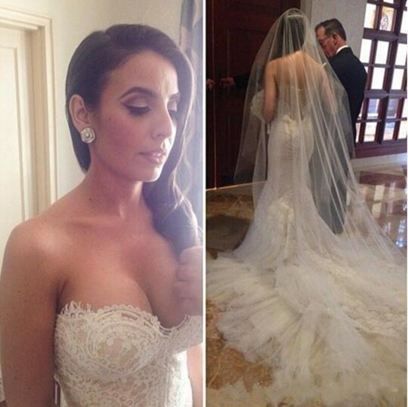 

Lace Wedding Dresses Vintage Sweetheart Mermaid Gowns Long Ruffled Court Train Bridal Dress, Ivory