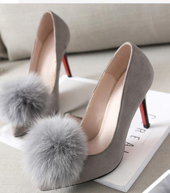 

Free send 2017 spring new style hair ball pointed end Shallow mouth Single shoes Fine heel high heel women shoes, Red