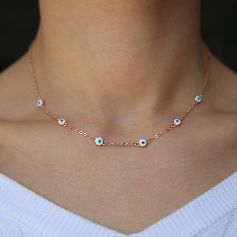 

enamel white evil eye round dots charm link chain rose gold color lucky turkish evil eye women elegance fashion jewelry chain necklace