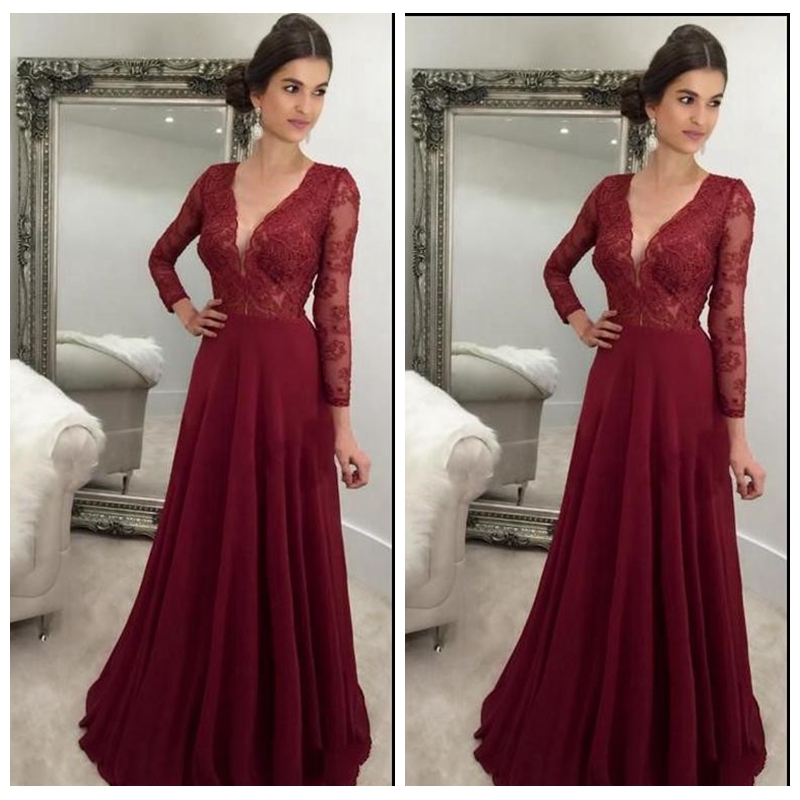 

2018 Burgundy Long Sleeves Prom Dresses V Neck Formal Long Sleeves Lace Top A Line Chiffon Skirt Evening Dress Party Gowns, Champagne