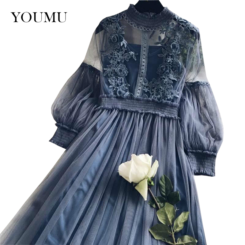Women Lace Mesh Dress A-Linen Hollow Out Long Lantern Sleeve Stand Collar Fairy High Waist Dress Mid-Calf Fashion 803-486