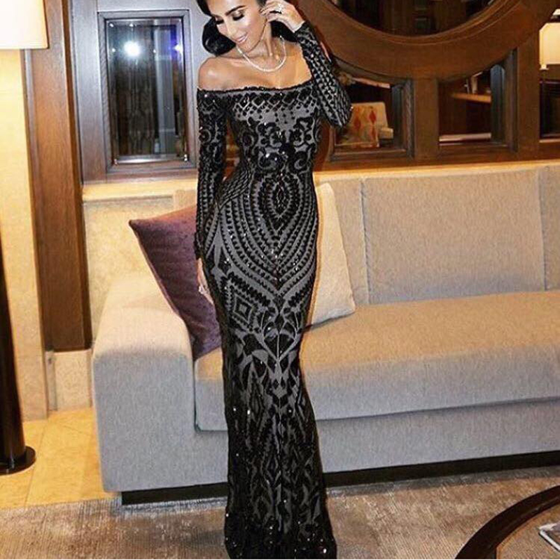 

Sexy Prom Dresses 2018 Slash Neck Off Shoulder Sequined Party Dresses Floor Length Full Sleeved Bodycon Black Maxi Dress Evening Gown, White