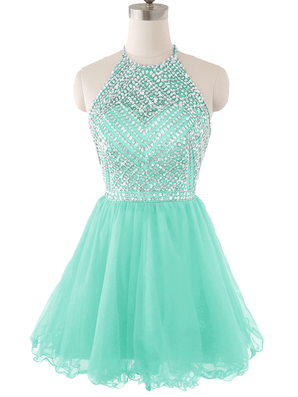 

Short Prom Party Dresses Homecoming Gown A Line Sheer Neck Tulle Backless Mint Lalic Red Truqoise Pleats Beads Crystals Party Cocktail, Green
