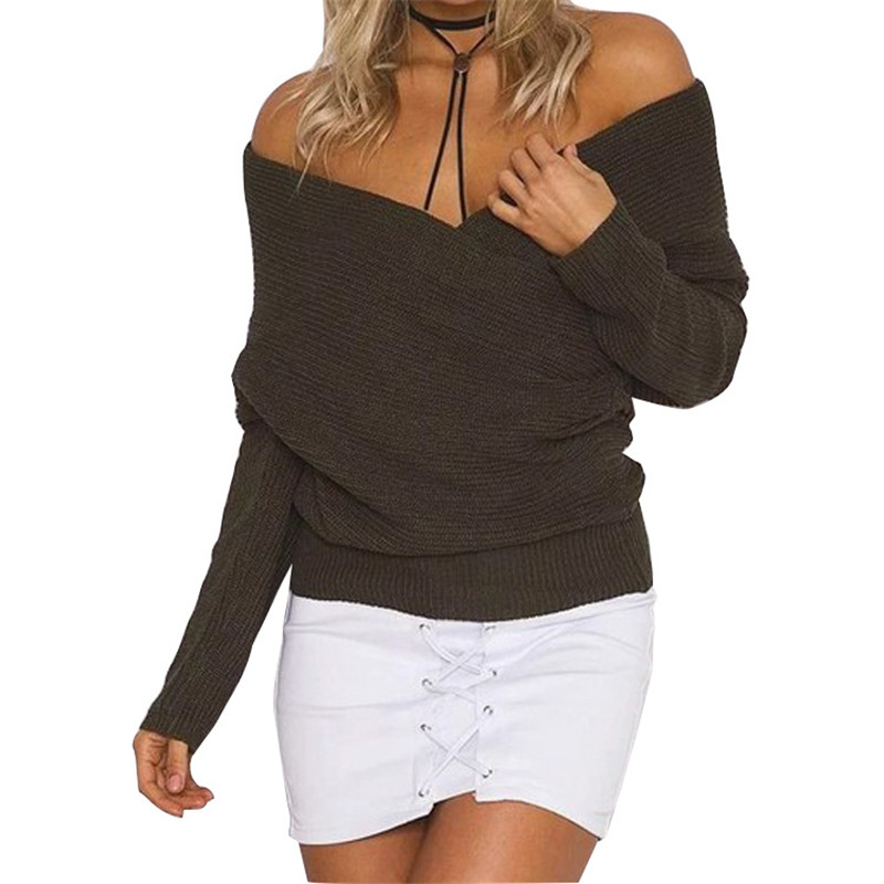 WKOUD Women Candy Color Cross Sweaters Deep V-neck Knitted Pullovers Female Long Club Streetwear Casual Sexy Sweater M8056