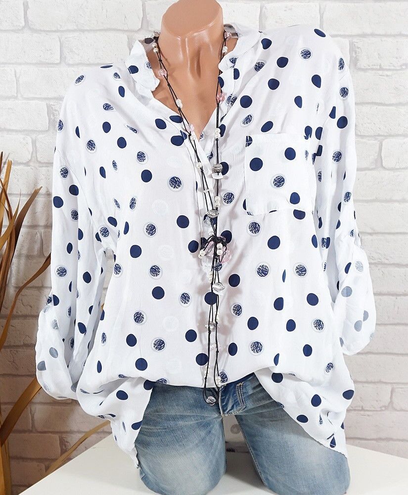 

Spring Summer Shirts Women Casual Adjustable Long Sleeve Polka Dot Print Stand Collar Pockets Button Blouses Tops Size 5XL 2018, White