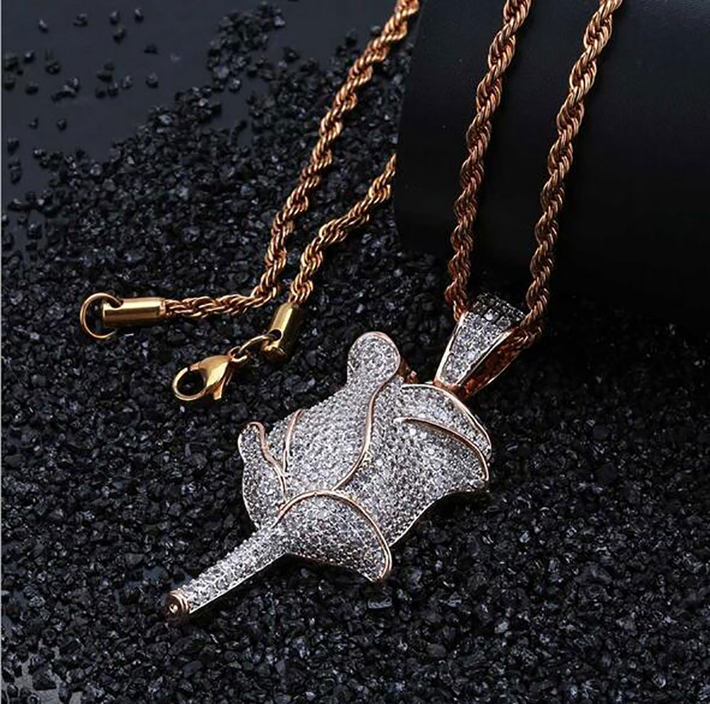 

Rose Gold Silver Gold Rose Shape Pendant Gold CZ Bling Shine Hip Hop Pendant Necklace Cubic Zirconia 3D Pendant with 24inch Rope Chain