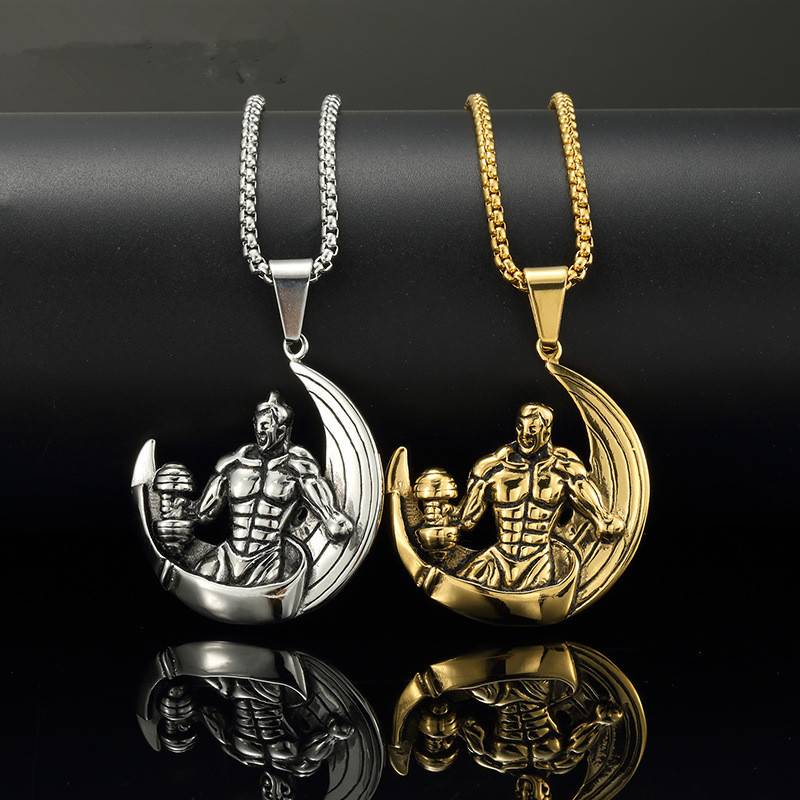 

Trendy Men Hip Hop Jewelry Gym Fitness Dumbbell Barbell Moon Pendant Necklace Stainless Steel Mens Necklaces With 70cm Long Chain