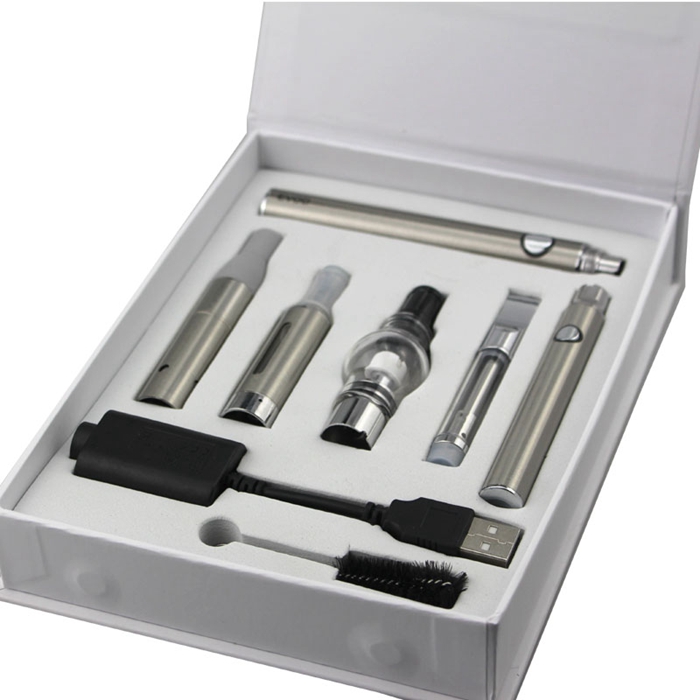 

new designs 4 in 1 Starter kit AGO glass cartridge MT3 Vaporizer wax dry herb thick oil e liquid EVOD preheating VV battery, Silver