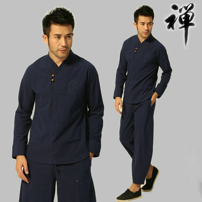 

Buddhist Meditation Men's Traditional Chinese Kung Fu Sets Cotton Linen Blouse Elastic Waist Pants Loose tang suit style tracksuits for men, Beige