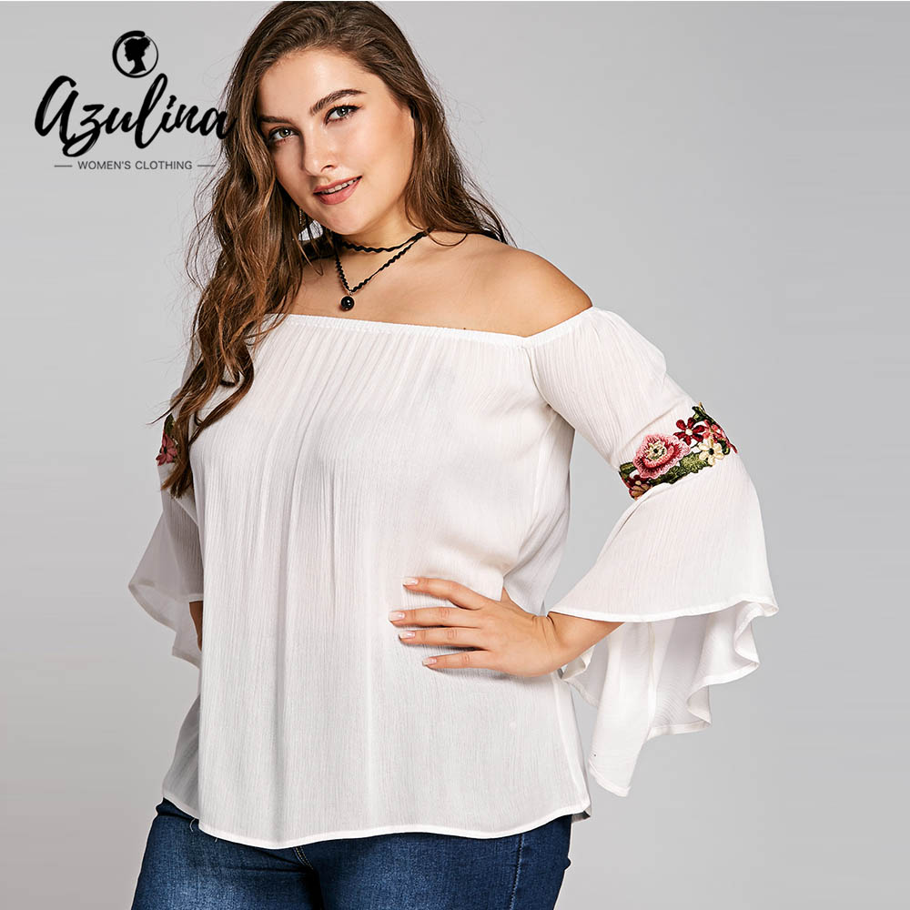 

AZULINA Plus Size Embroidery Bell Sleeve Blouse Off Shoulder Women Casual Chiffon Blouses Shirts 2018 Ladies Tops Big Size 5XL, White