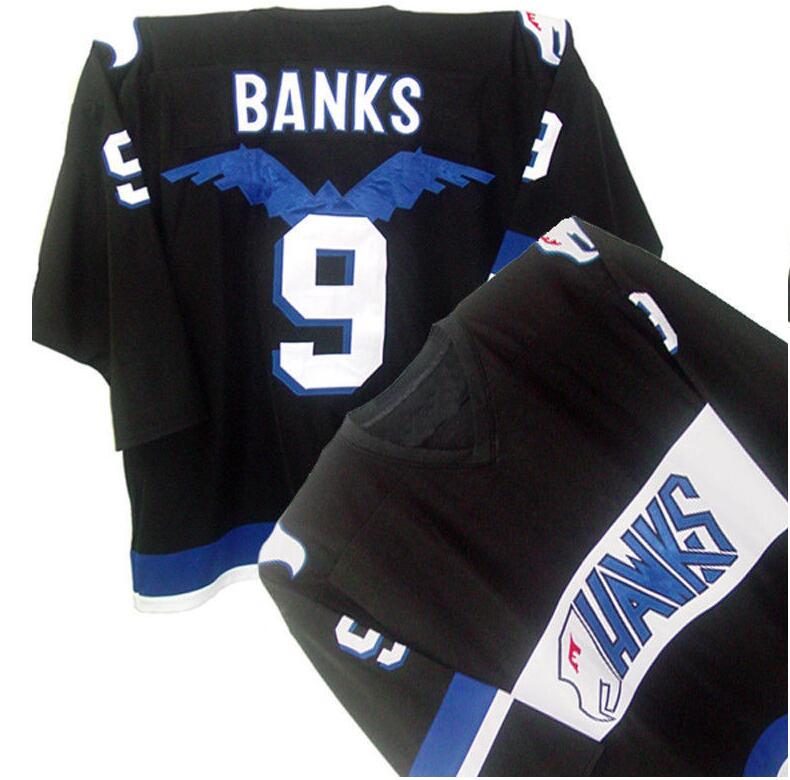 

Mighty Ducks Movie Jersey Hawks Adam Banks #9 Men's 100% Stitched Embroidery Logos Vintage Hockey Jerseys Black