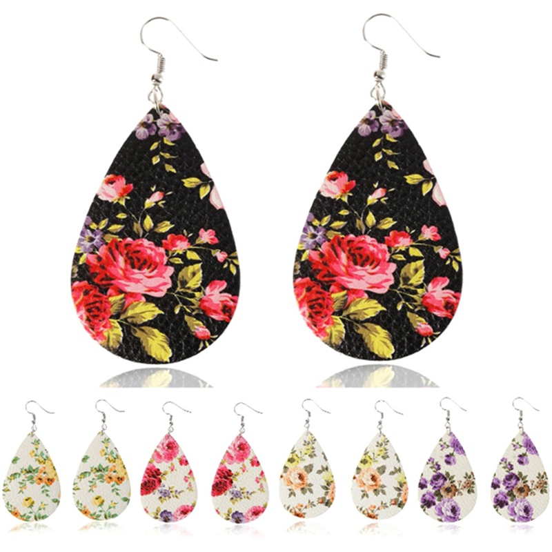 

New Fashion Spring Printed Rose Flower Leather Earrings For Women Boho Personalized Silver Korean Water Drop Earrings Jewelry