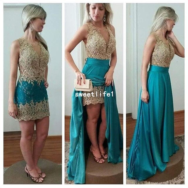 

2019 Sexy Two Piece Prom Dresses V Neck Gold Appliques Lace Hunter Elastic Satin Sexy Formal Occasion Evening Party Gown 2k 17 18, Dark green