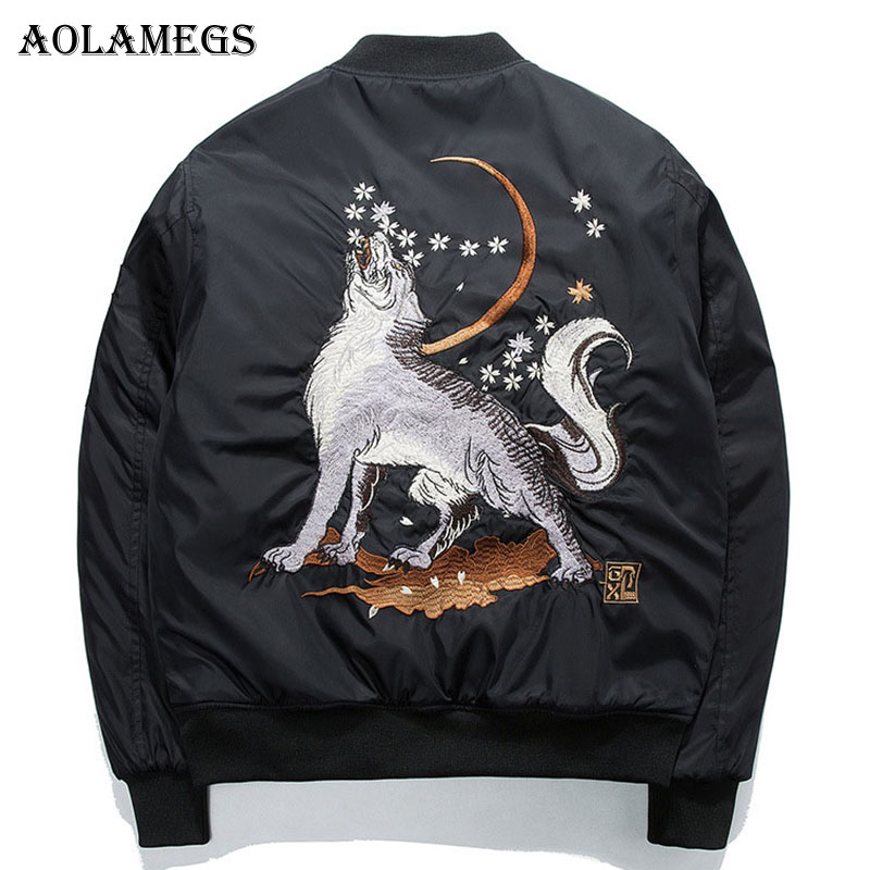 

Aolamegs Bomber Jacket Wolf Embroidery Thick Men's Jacket Stand Collar Fashion Outwear Men Coat Bomb Baseball Jackets Winter, Thick quilted black