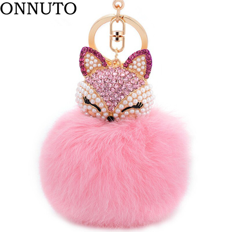 

Lovely Crystal Faux Fur Keychains Women Trinkets Suspension On Bags Car Key Chain Keyrings Toy Gifts 7C0394
