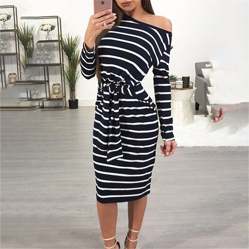 GAOKE femmes à manches longues rayure fête O cou pansement robe moulante été décontracté une épaule genou longueur robes